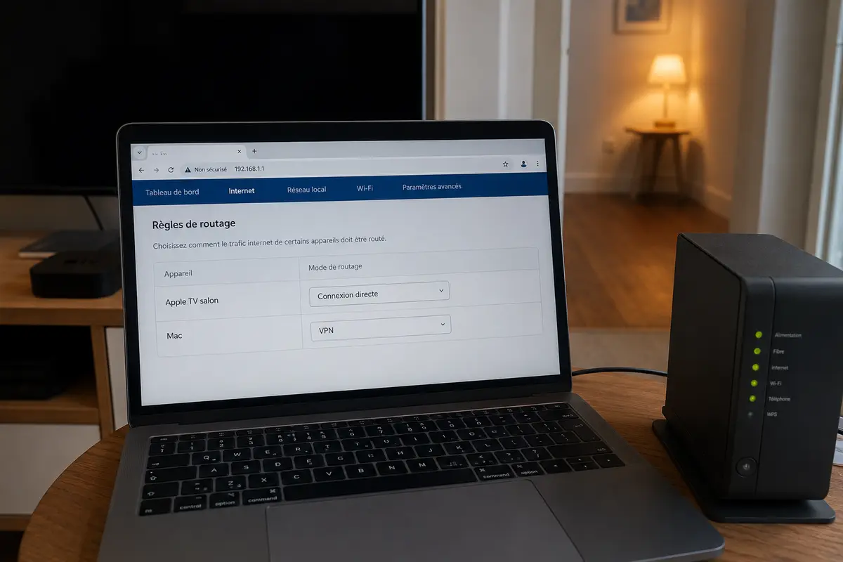 Une règle du routeur laisse l’Apple TV en connexion directe tandis que le Mac utilise le VPN