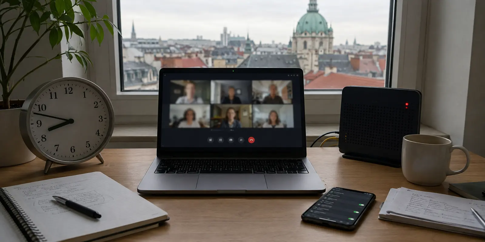 Wiener Homeoffice kurz vor einem Videotermin mit ausgefallenem Router und bereitem Smartphone-Hotspot