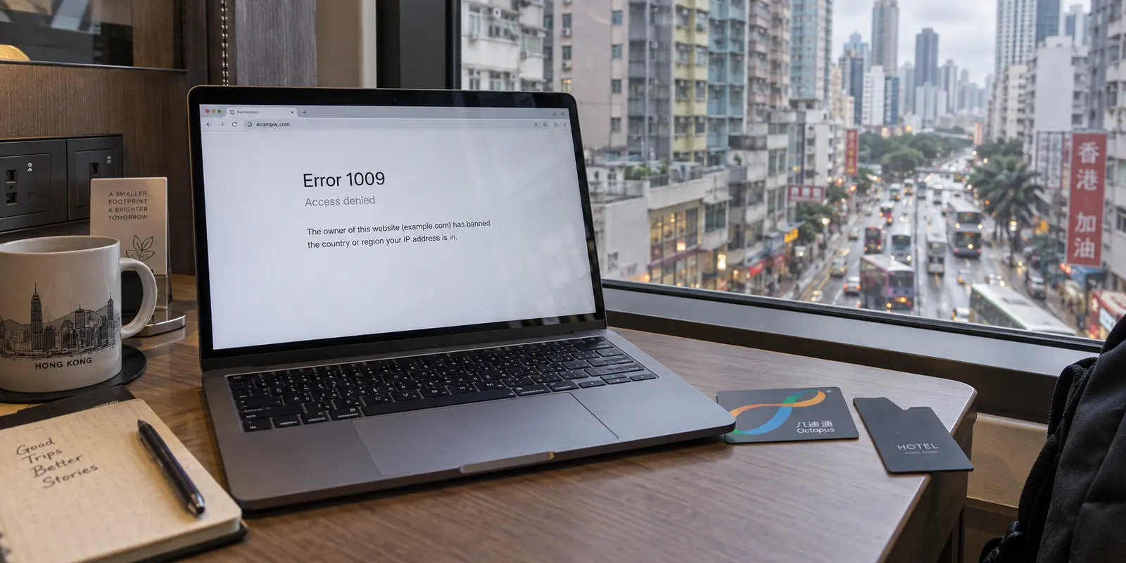 A laptop in a Hong Kong hotel shows an Error 1009 access-denied page