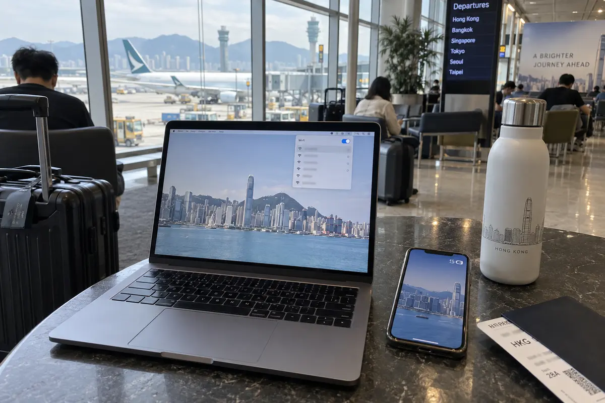 A traveler uses airport Wi-Fi on a laptop beside a phone connected to 5G in Hong Kong