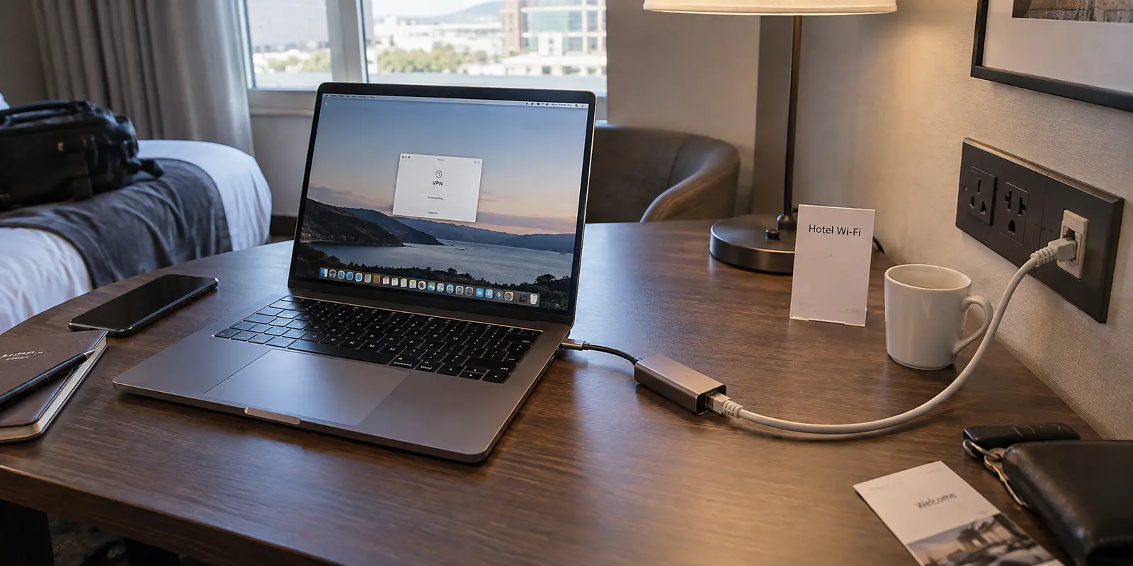 A hotel desk with a laptop, Ethernet cable and wall jack beside the hotel Wi-Fi card