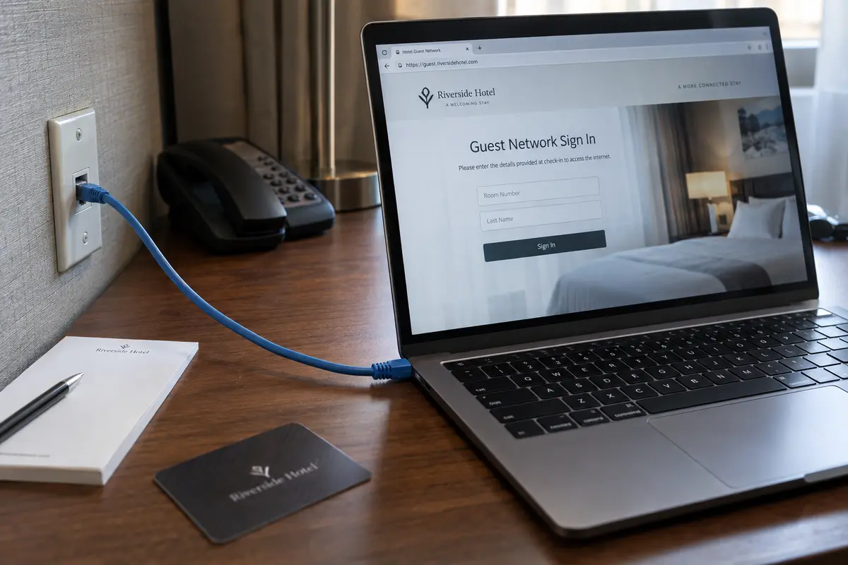 A laptop connected to a hotel wall jack by Ethernet while the browser shows the guest network sign-in page