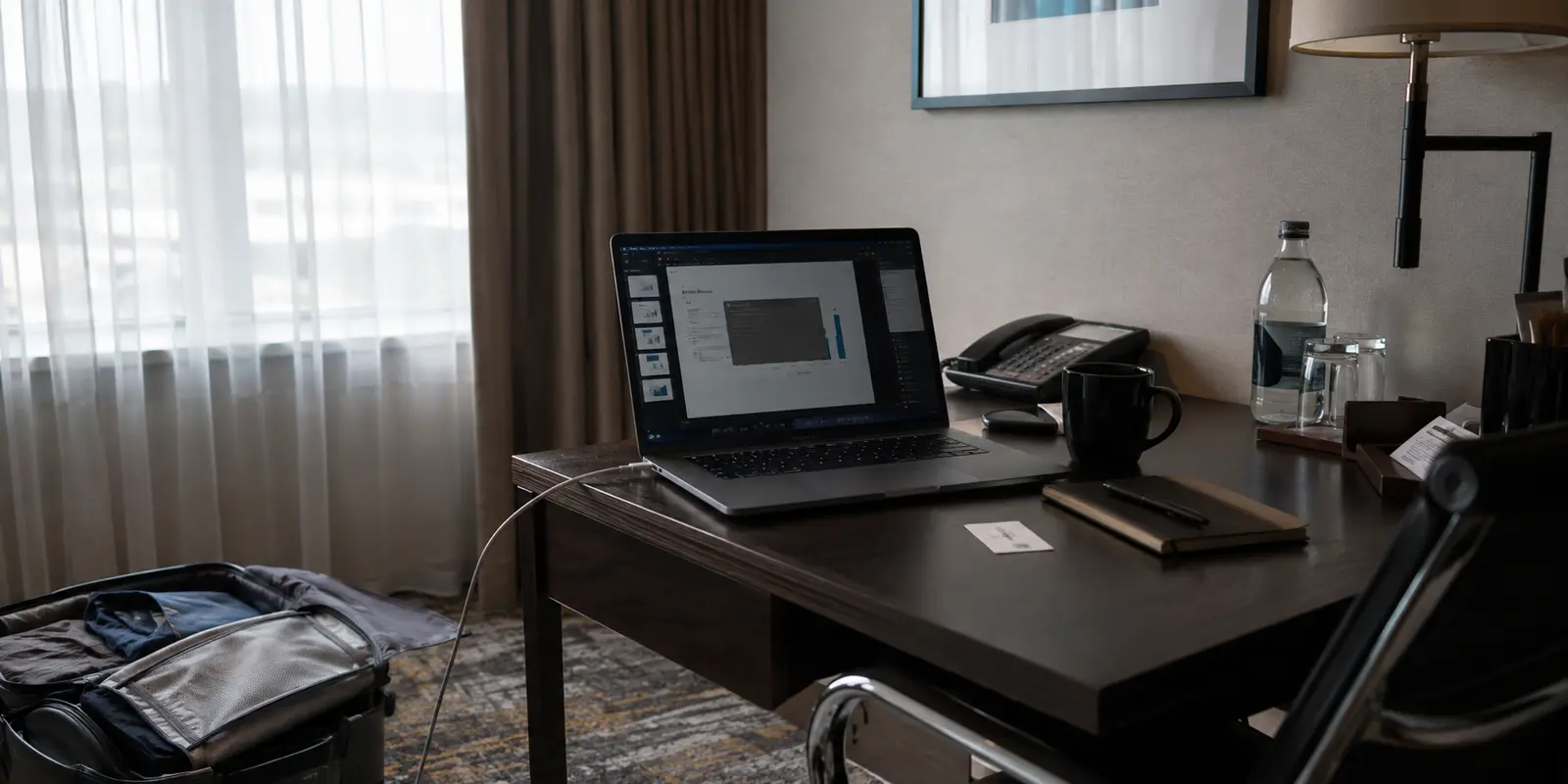 Arbeitslaptop mit fehlgeschlagener VPN-Verbindung auf einem Schreibtisch im Hotelzimmer