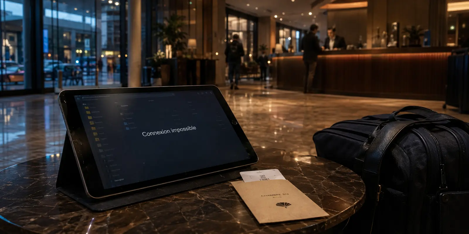 Tablette affichant une connexion impossible dans le hall d’un hôtel à l’étranger