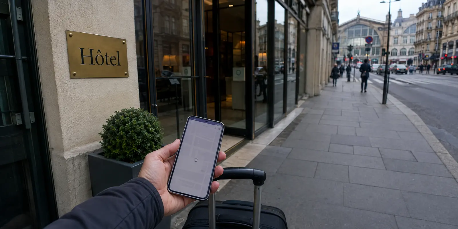 À la sortie d’un hôtel, une carte reste en chargement sur un téléphone passé aux données mobiles