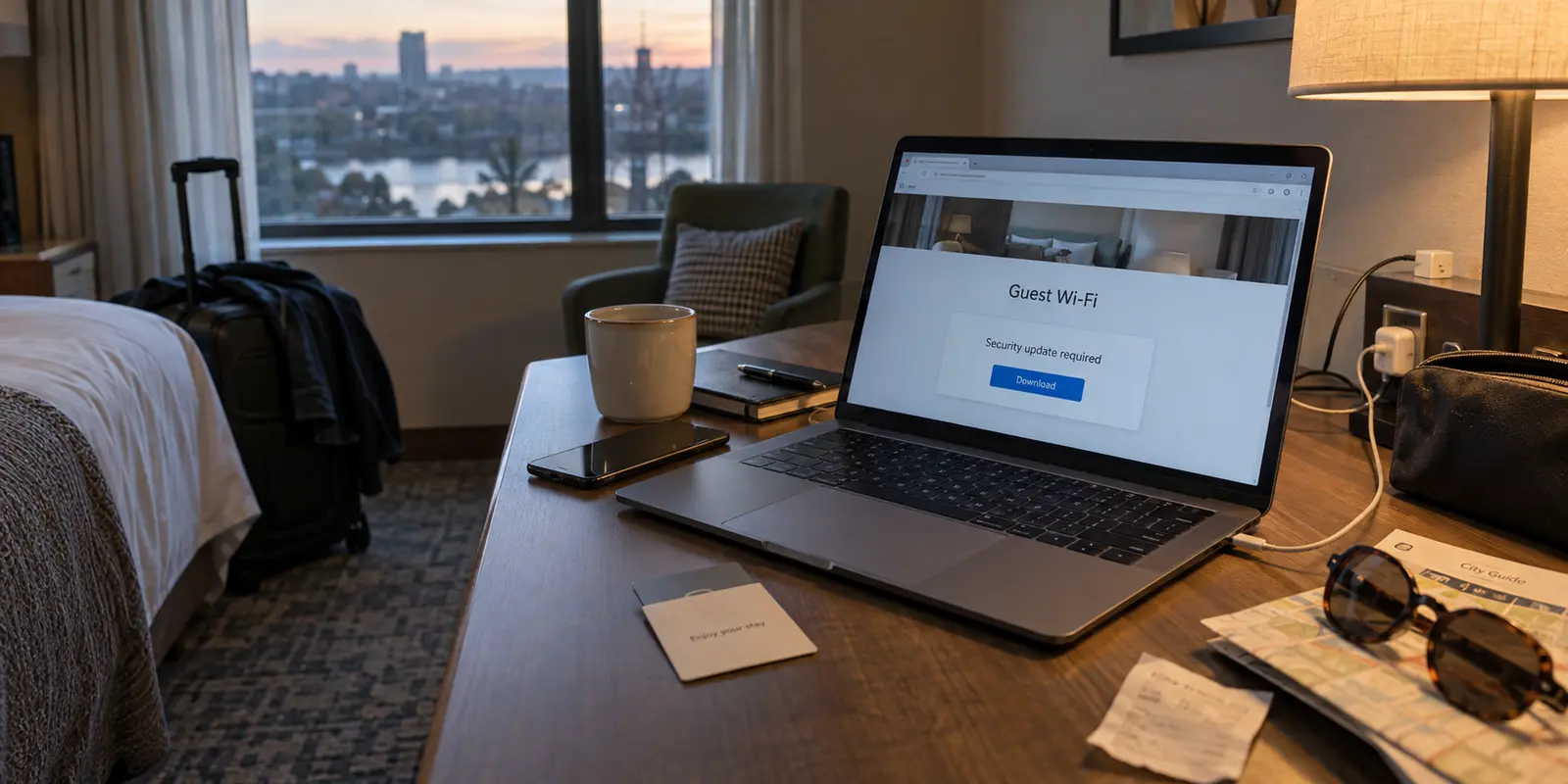 A hotel guest Wi-Fi portal asking for an unexpected security update on a laptop