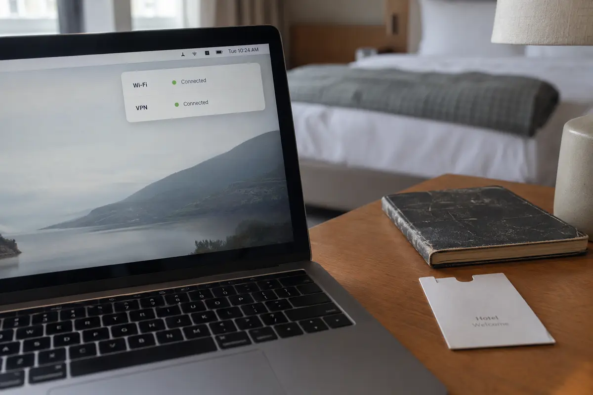 A laptop on a hotel table showing both Wi-Fi and VPN connections active