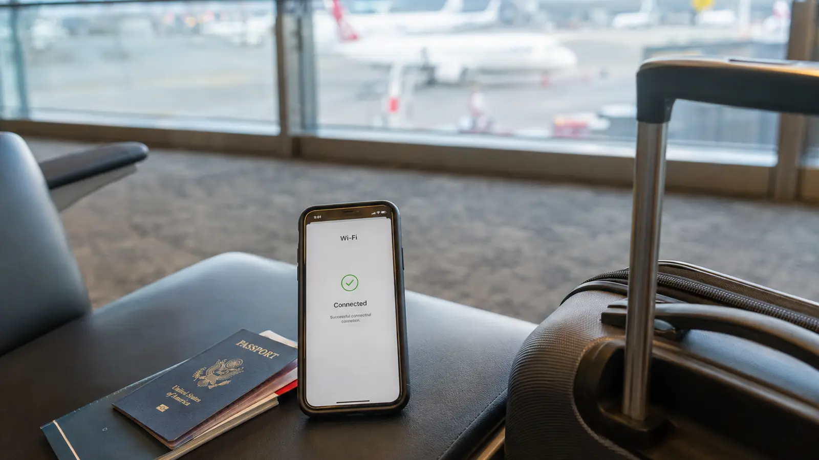 Ordenador y teléfono preparados para cambiar entre redes durante un viaje