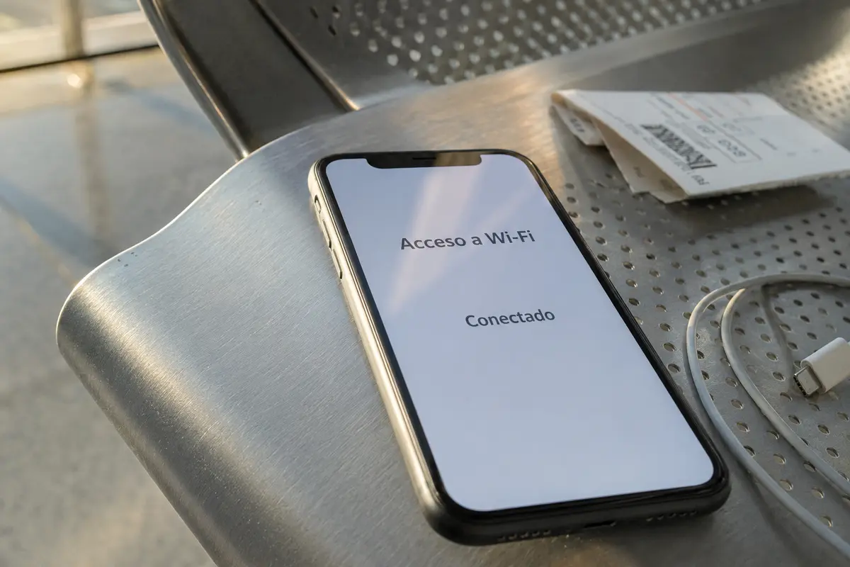 Teléfono que confirma el acceso al Wi-Fi junto a una tarjeta de embarque en el aeropuerto
