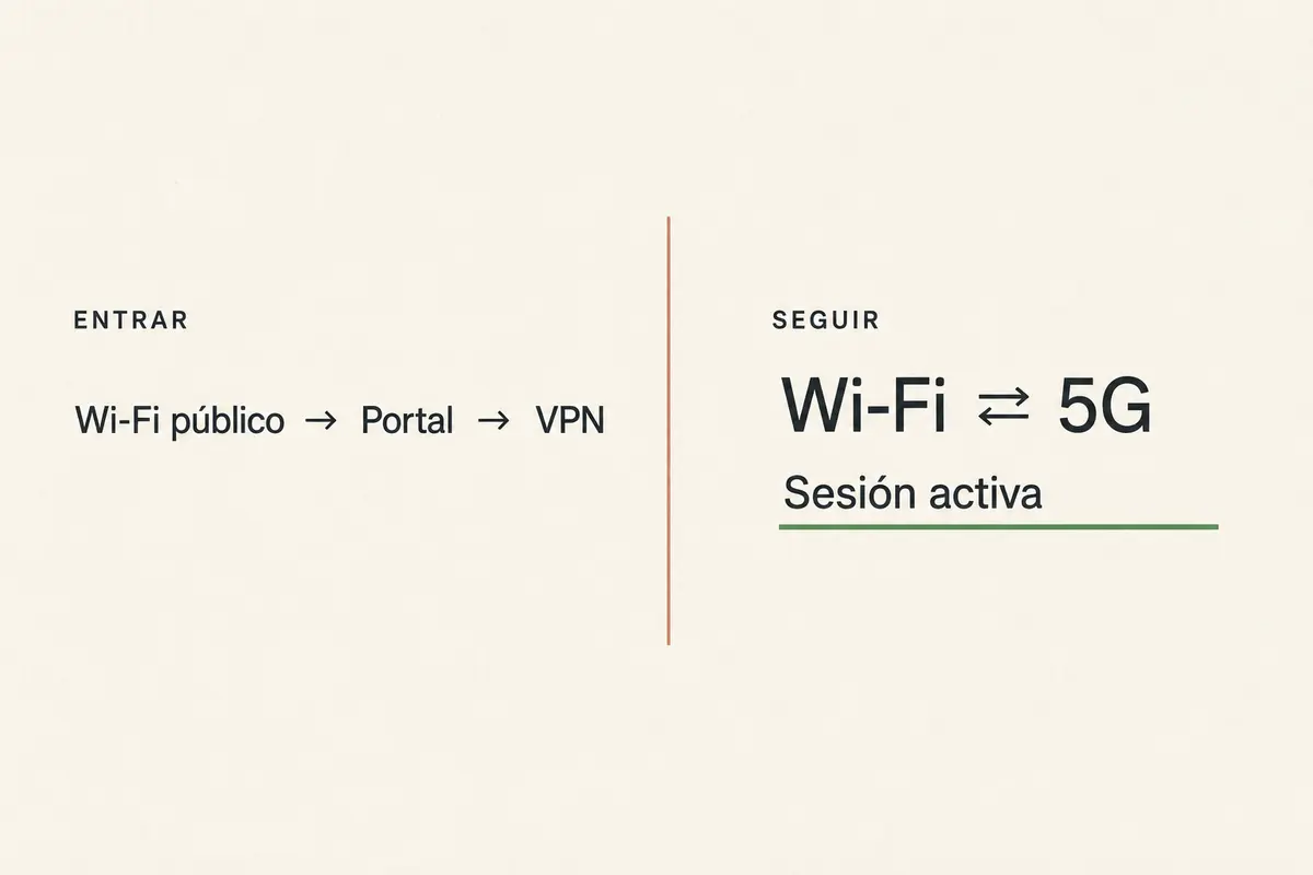 Dos etapas de conexión durante un viaje: entrar por el portal de la red y mantener la sesión entre Wi-Fi y 5G
