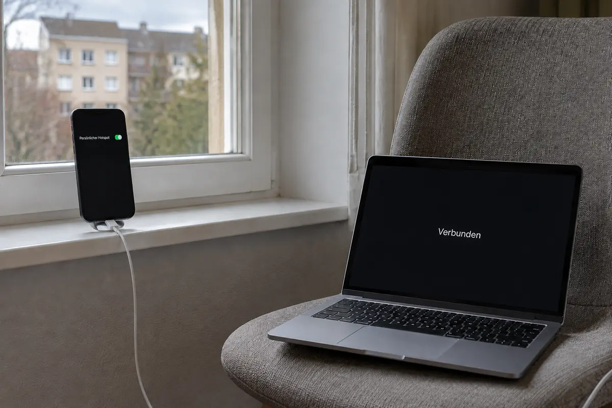 Laptop verbindet sich erfolgreich über den persönlichen Hotspot eines Smartphones