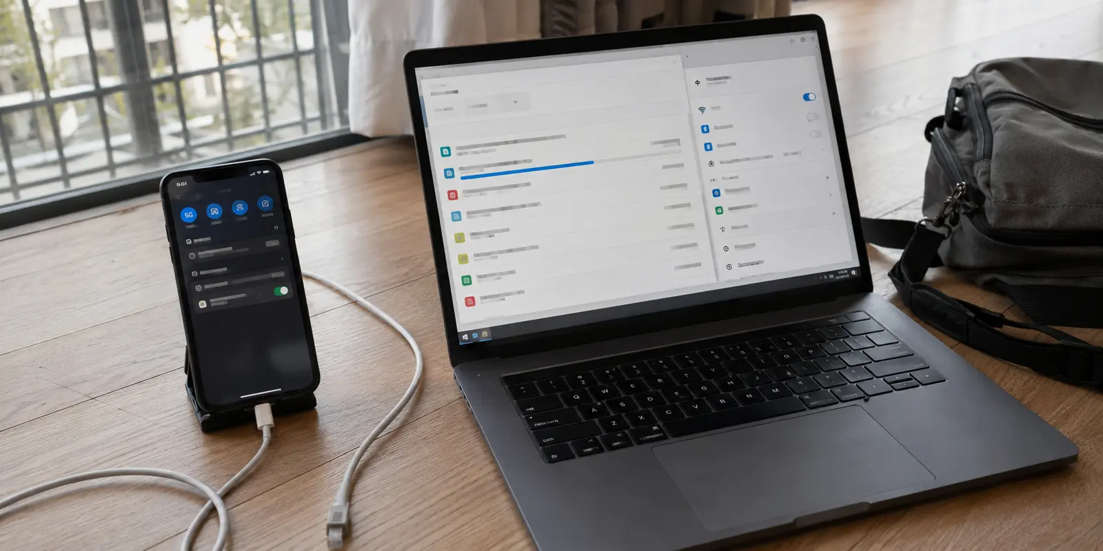 Un téléphone partage sa connexion 5G avec un ordinateur dont le transfert reste instable malgré le VPN actif sur le téléphone.
