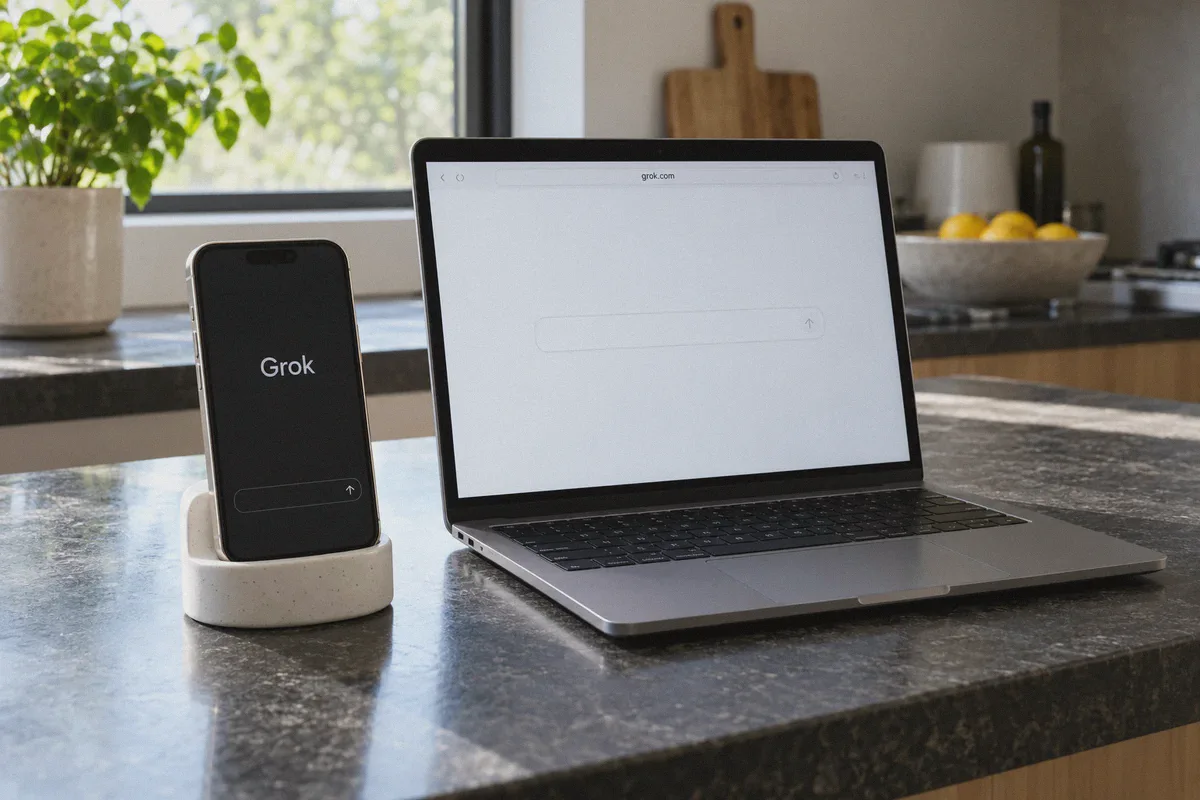 Grok opened through a phone app and a standalone laptop browser.