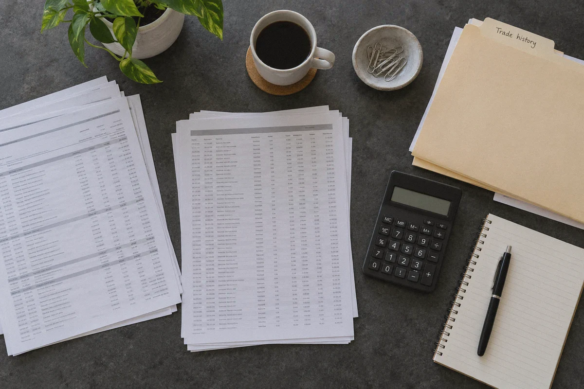 Transaction records, a calculator and a trade-history folder.