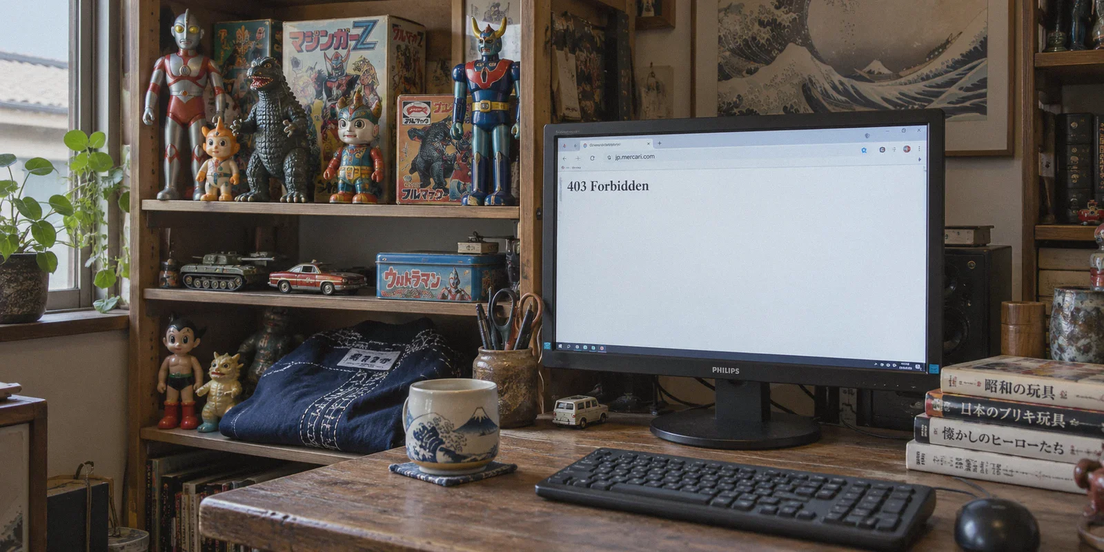 Collector’s monitor showing a 403 Forbidden page for Mercari Japan.