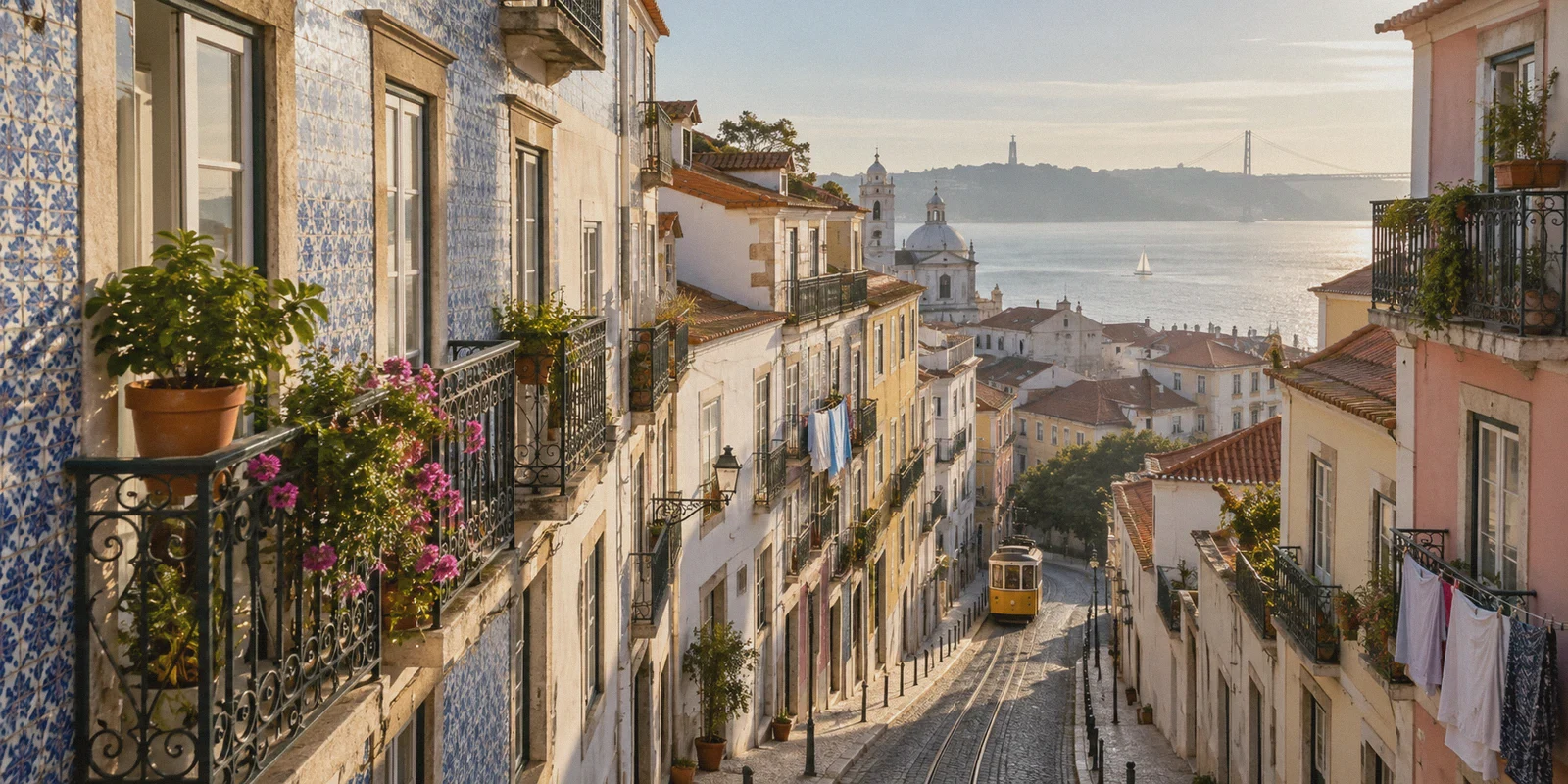 Lisbon street viewed from a guesthouse balcony.