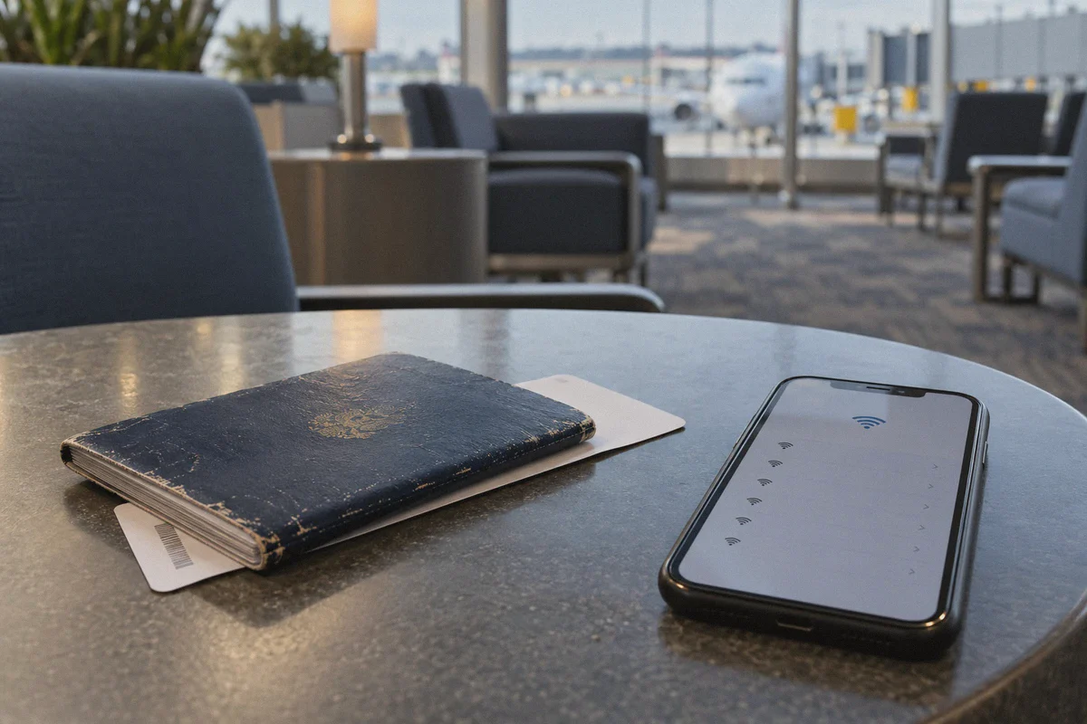 Phone and travel documents in an airport lounge.