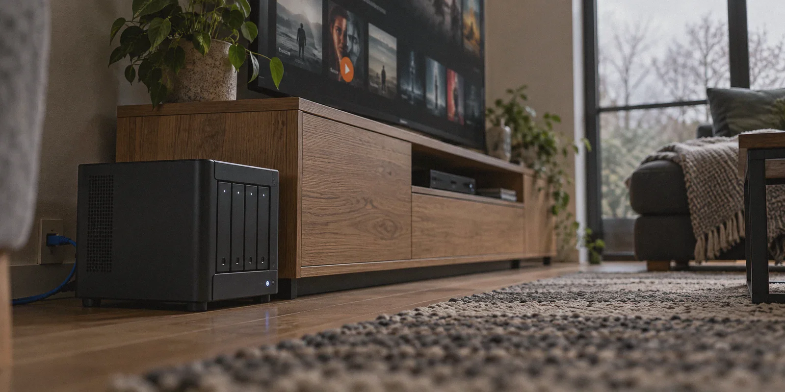 Home media server connected beside a television.