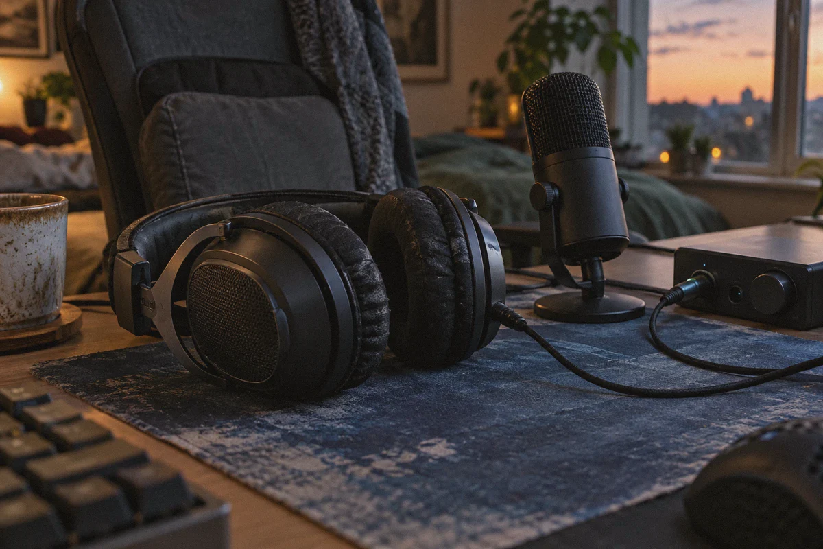 A wired headset and microphone connected for voice chat.