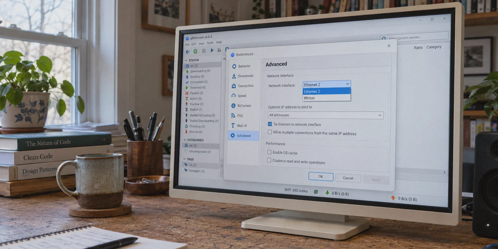 qBittorrent interface settings on a desktop monitor