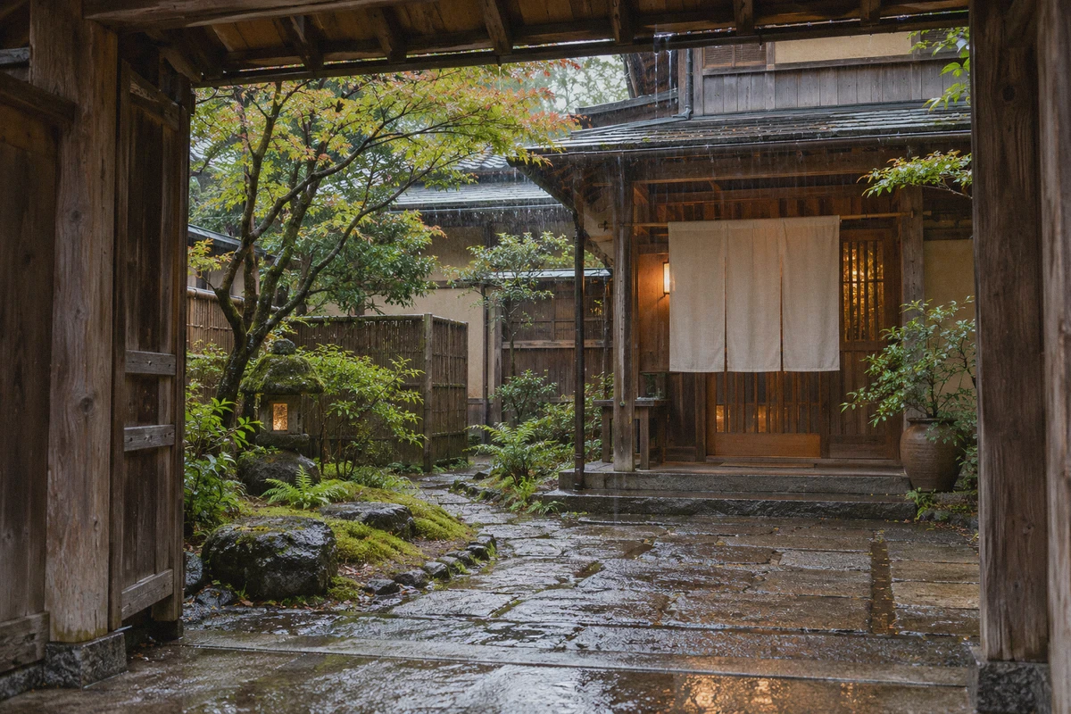 Rainy entrance courtyard of a traditional Kyoto inn.