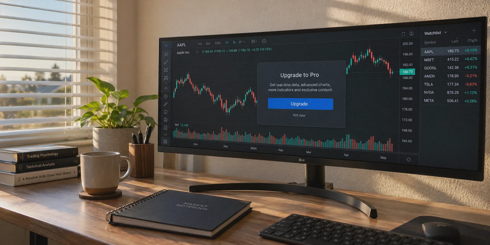 Charting screen interrupted by a subscription upgrade dialog.