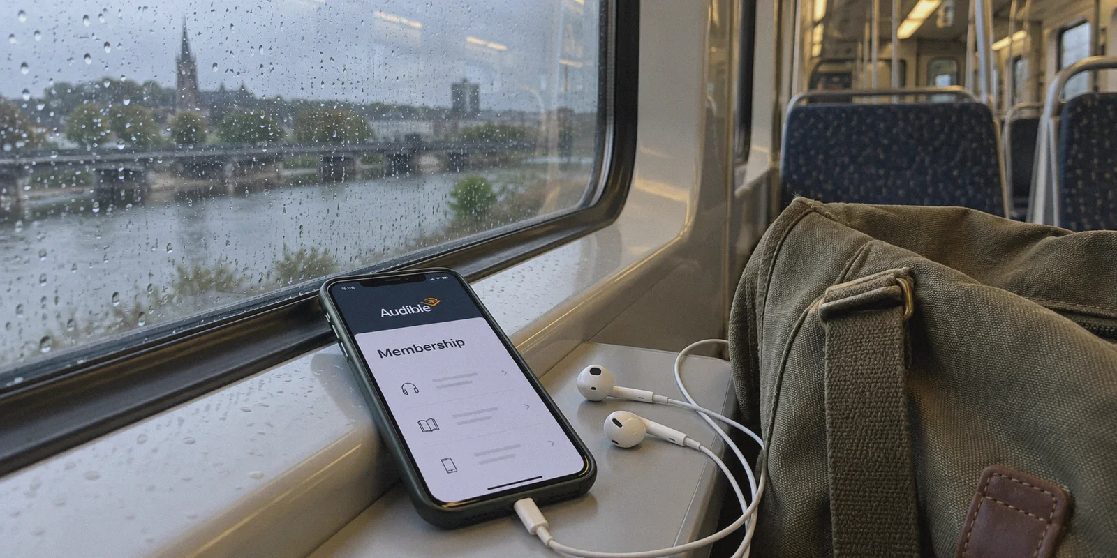 Phone and earphones ready for audiobook listening on a rainy train journey.