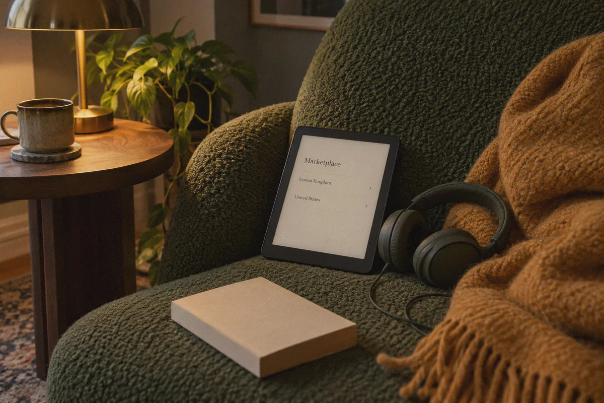 Marketplace selection on an audiobook device beside headphones.