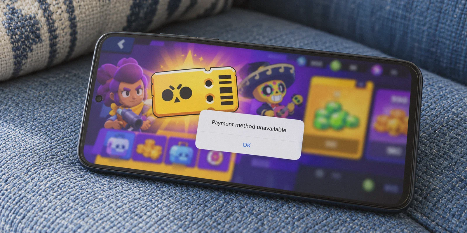 A mobile game purchase showing an unavailable payment method.