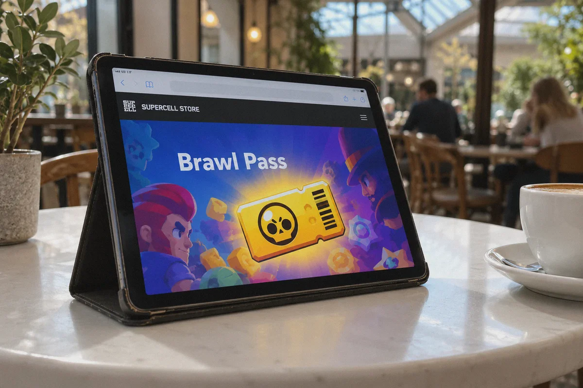 A tablet displaying a Brawl Pass product in the web store.
