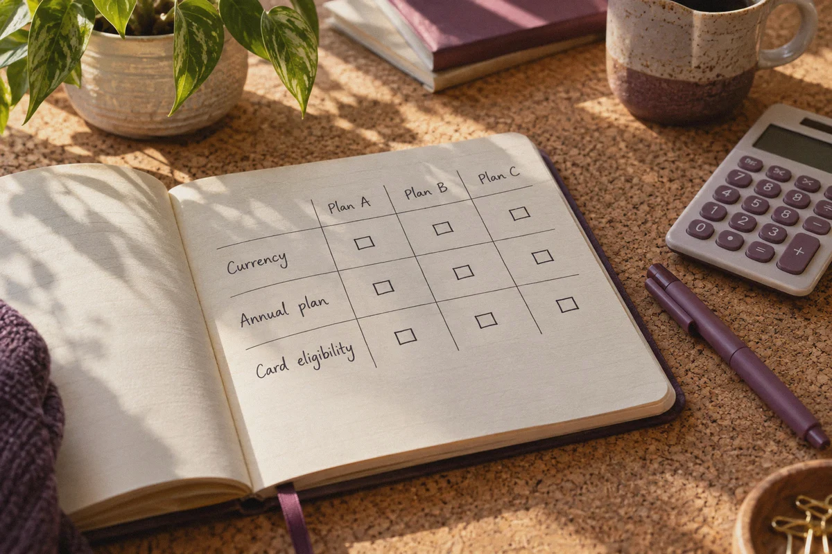 Subscription comparison notes with currency and card eligibility checks.