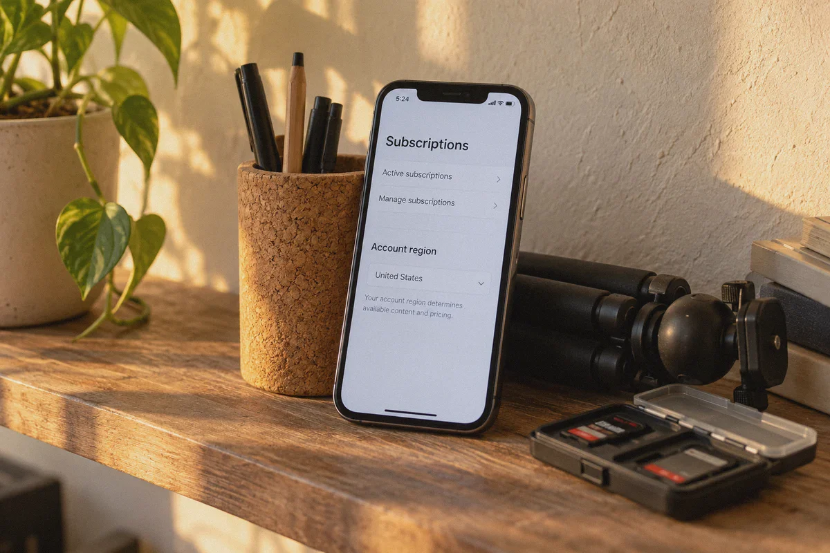 Phone subscription settings showing the account region.