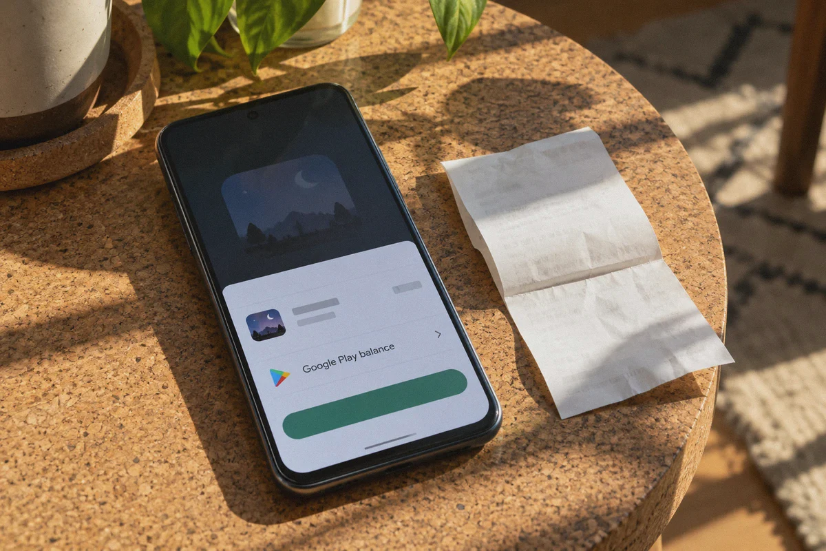 Android purchase sheet with Google Play balance.