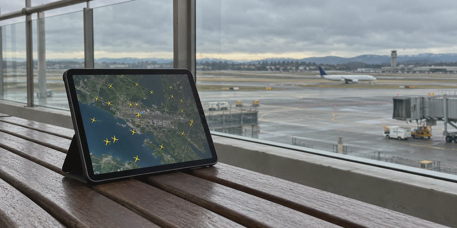 A flight-tracking tablet at an airport observation window.