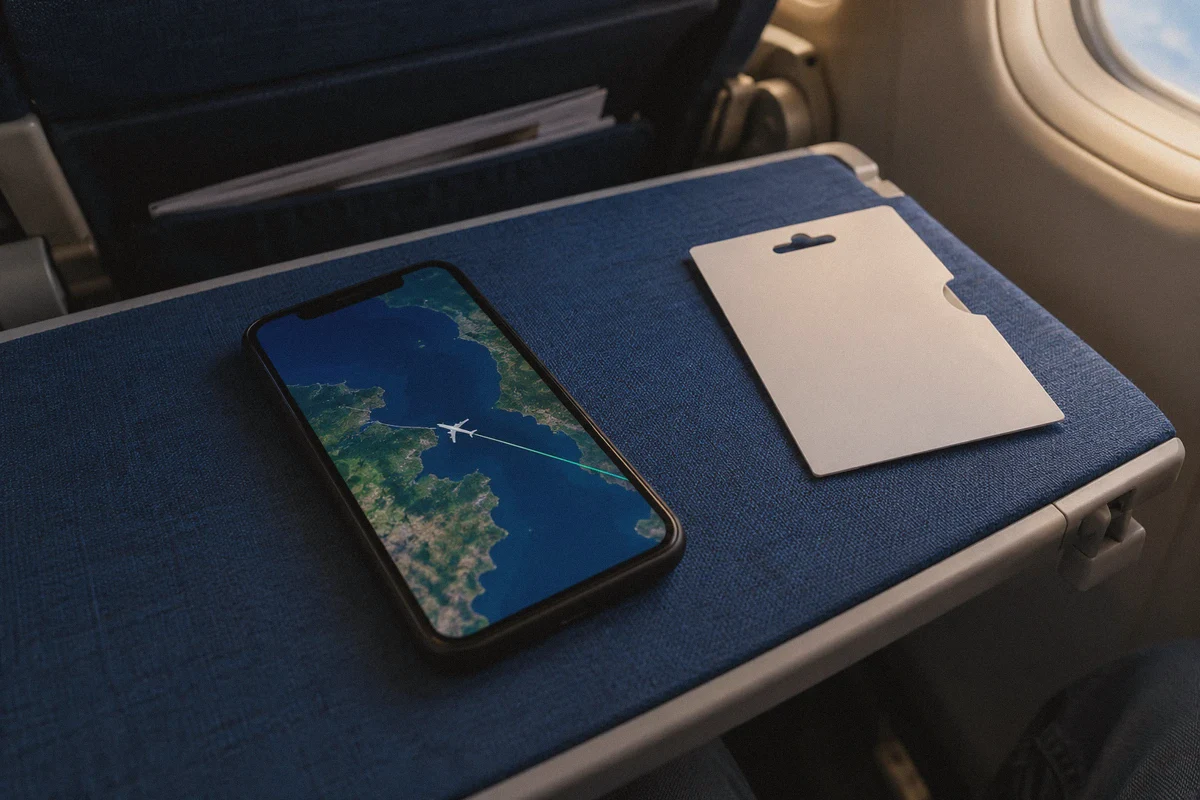 A phone with a flight map beside a store-credit sleeve.