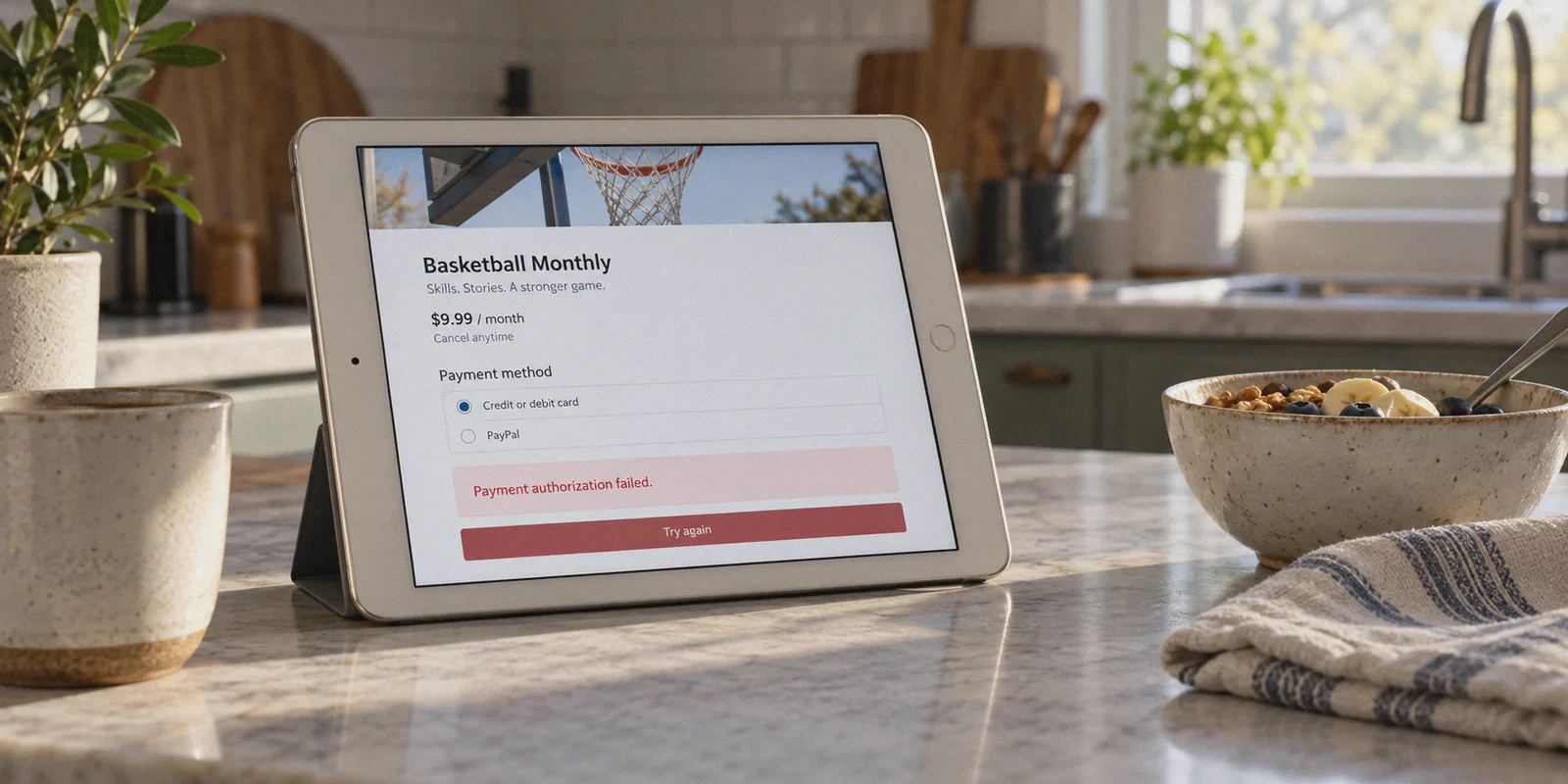 An off-white tablet propped on a kitchen breakfast counter shows a simple basketball subscription checkout with a restrained red message Payment authorization failed