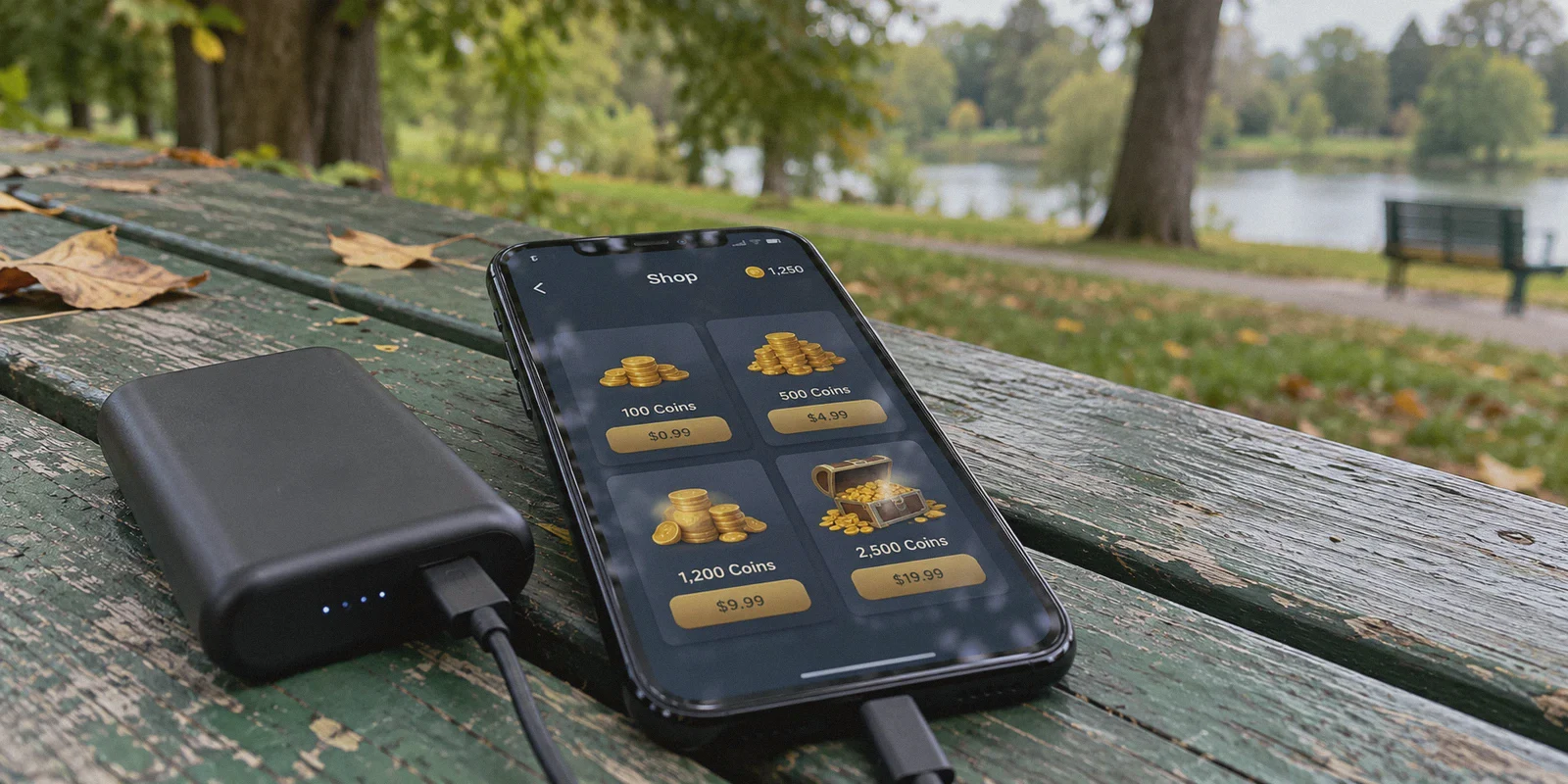 Phone displaying a game coin shop on a park bench.