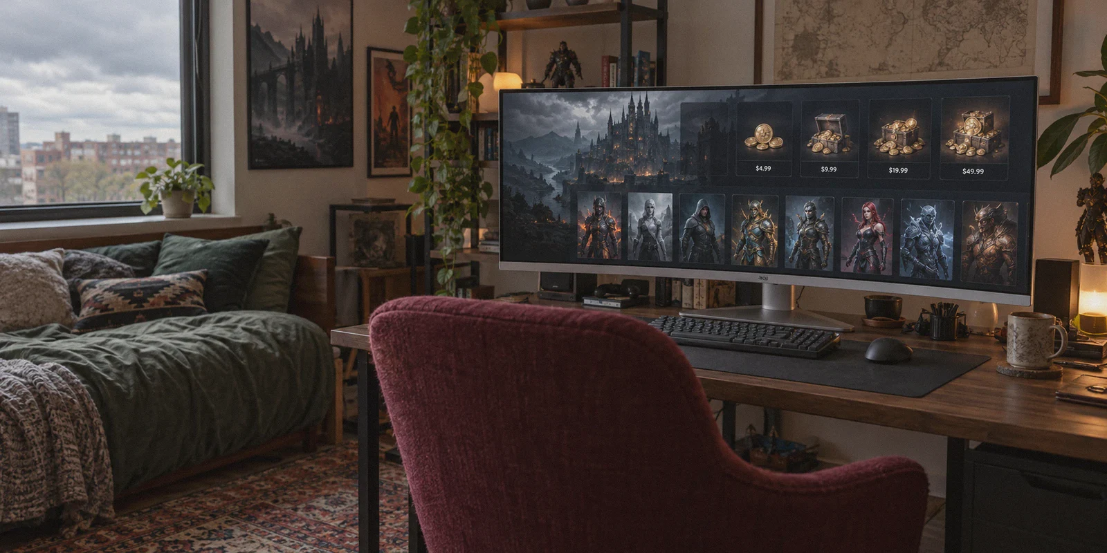 A modest gaming bedroom seen over a burgundy fabric chair; a silver ultrawide monitor shows a restrained dark fantasy-game currency store, a small USD price and rows of skin thumbnails, no readable fine print