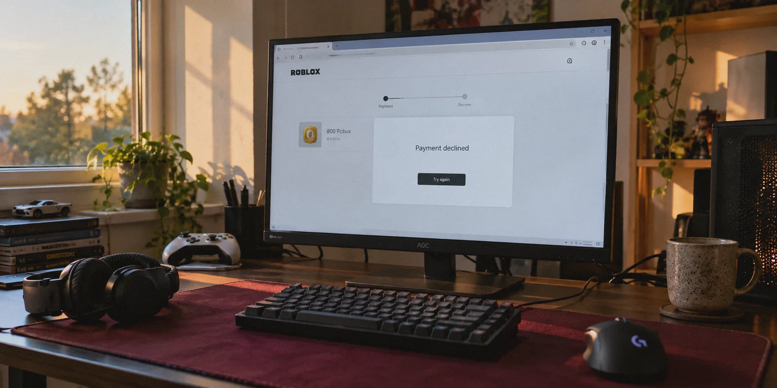 A compact desktop monitor in a lived-in gaming corner.