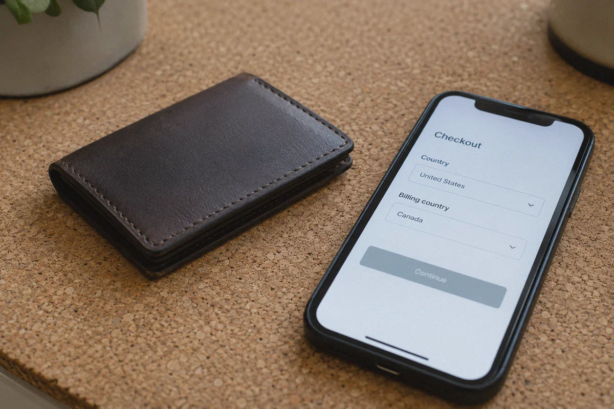 A closed plain bank-card wallet beside a phone on a cork surface.