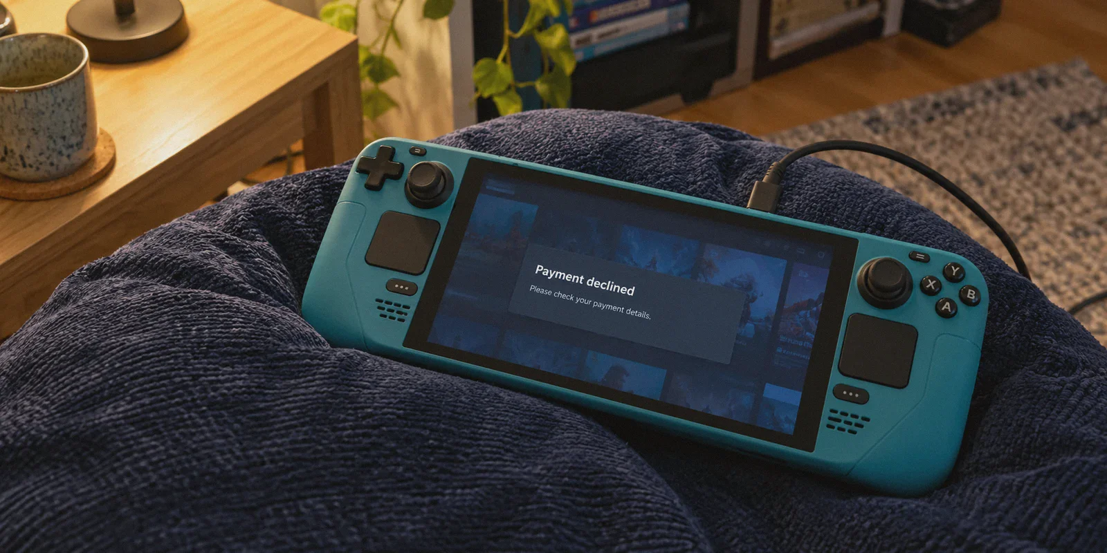 A handheld gaming PC shows a declined gaming-store payment.