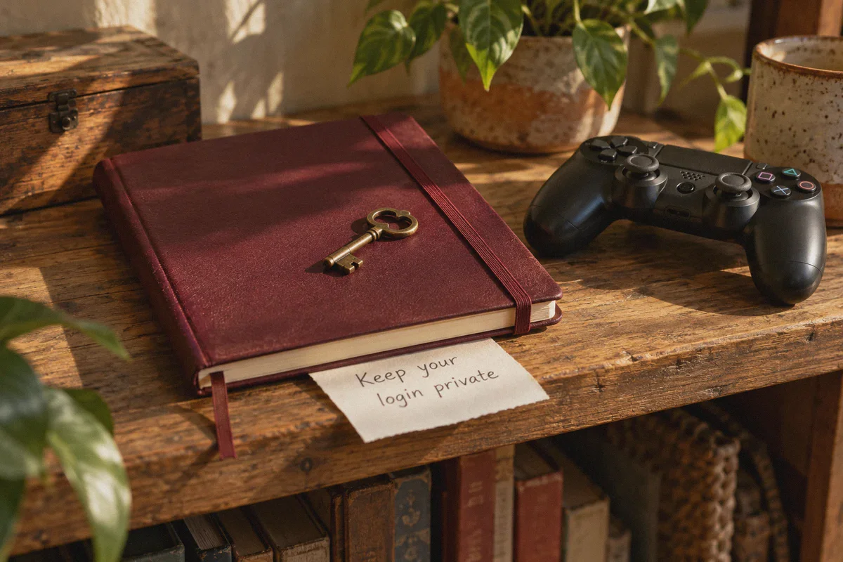 A private account notebook and a reminder to keep login credentials private.