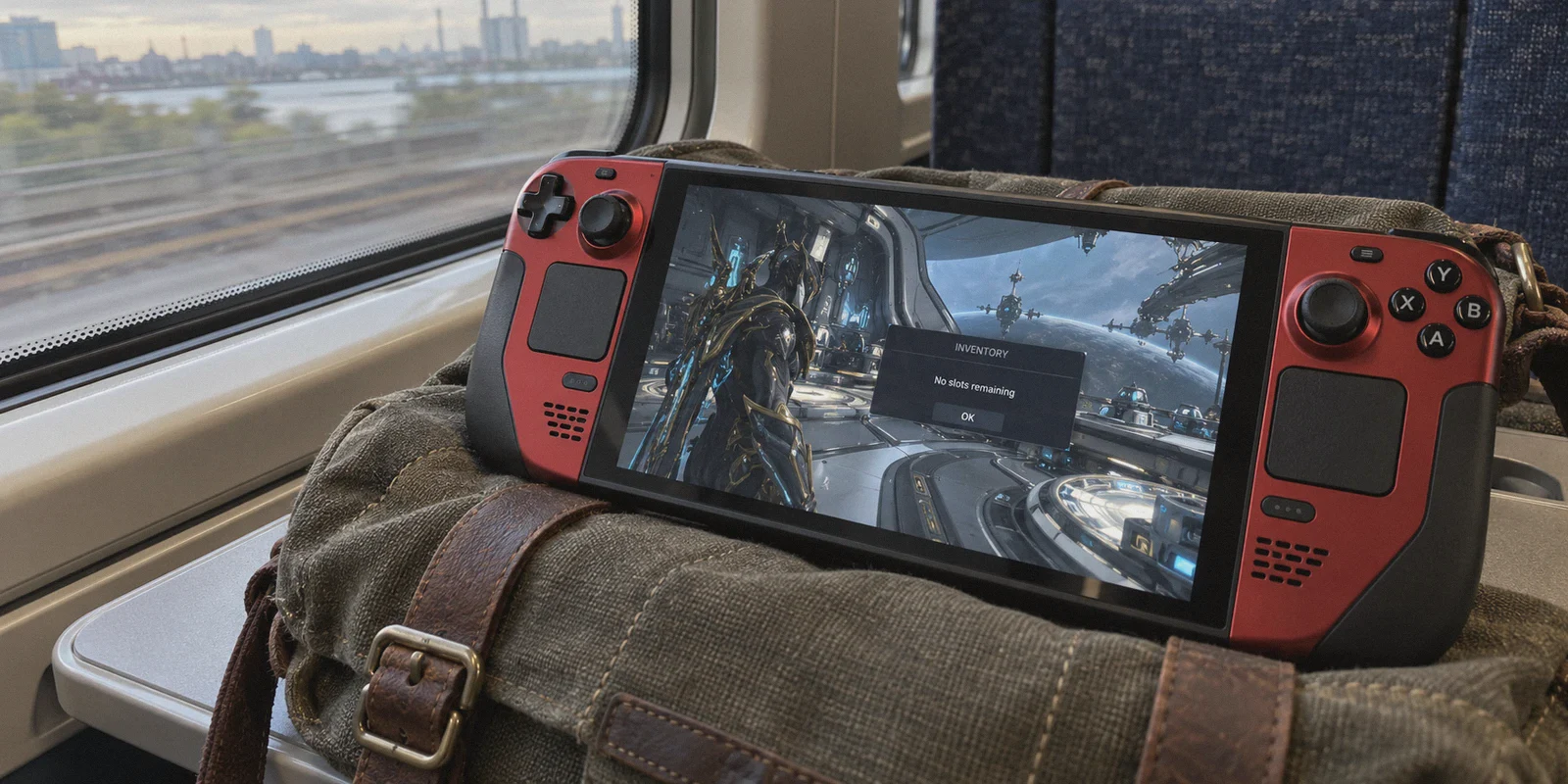 Warframe inventory warning on a handheld gaming PC during travel.