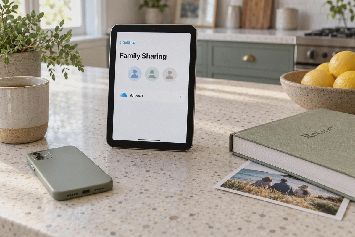 Tablet displaying Family Sharing settings beside a phone.