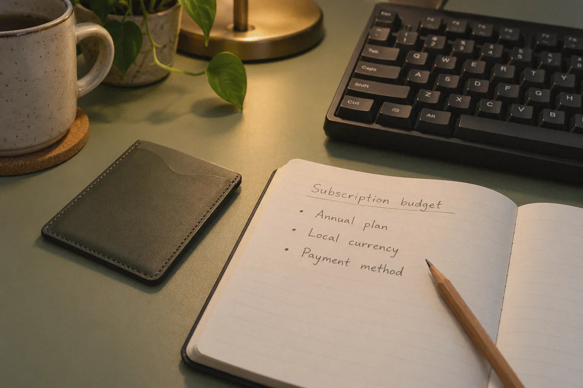 A subscription budget and payment-method notes beside a PC keyboard.