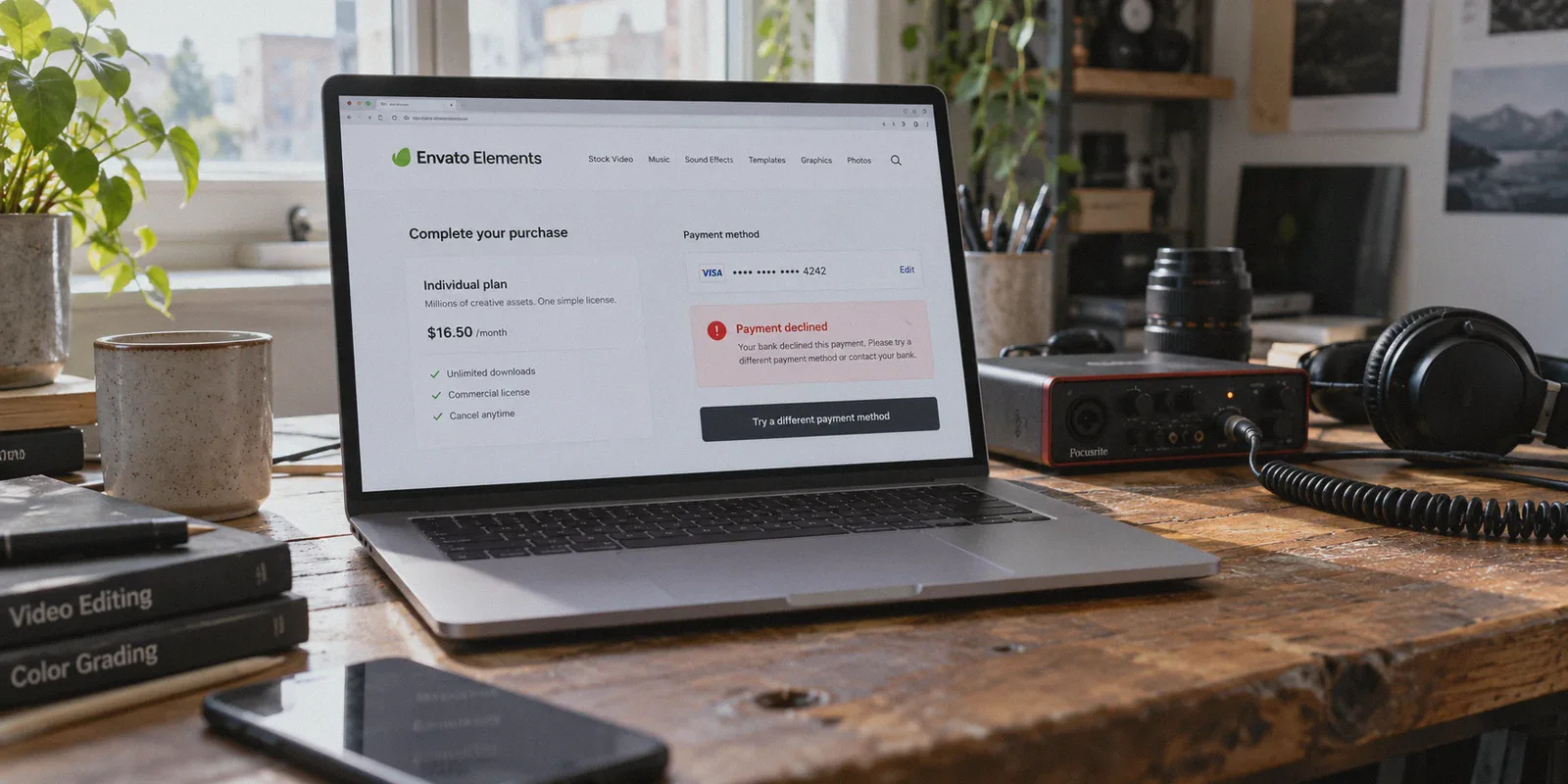 Laptop displaying an Envato Elements payment decline in a creative workspace.