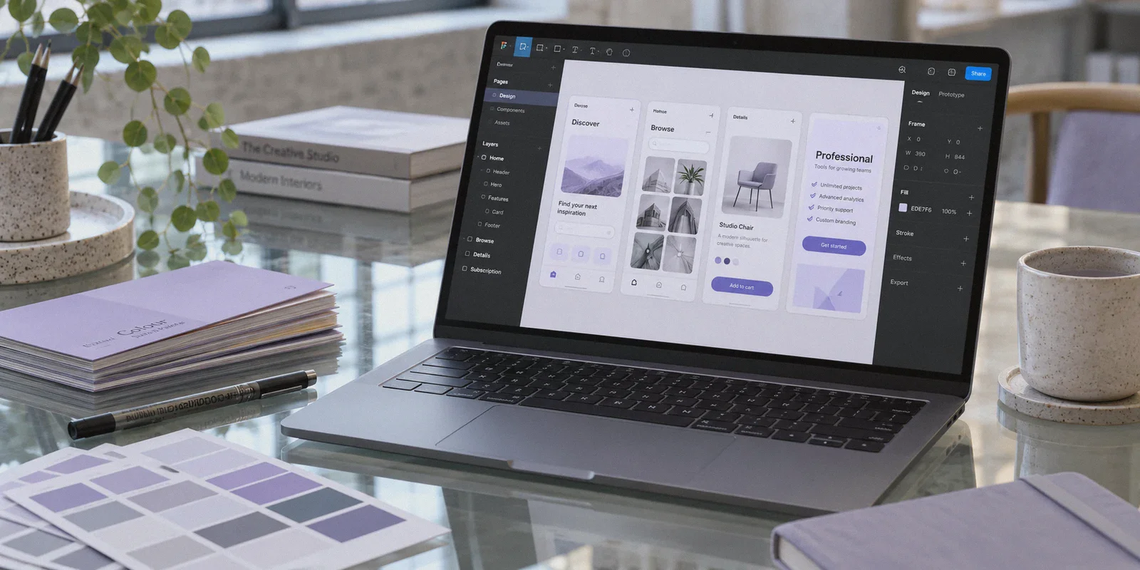 Design laptop with a collaborative canvas and subscription panel.