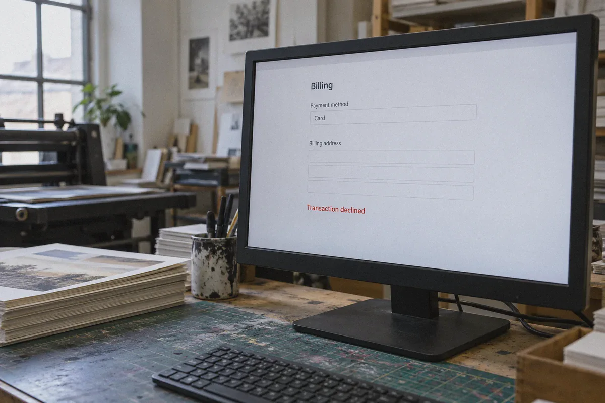 A billing transaction declined on a studio computer.