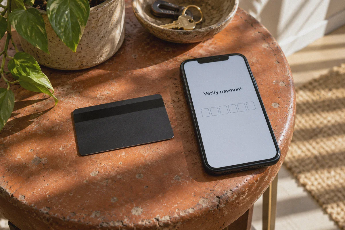 Phone waiting for bank payment verification beside a face-down card.
