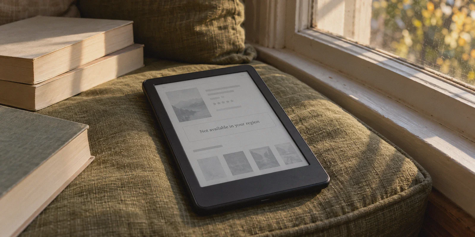 E-reader showing that a book is unavailable in the current region.
